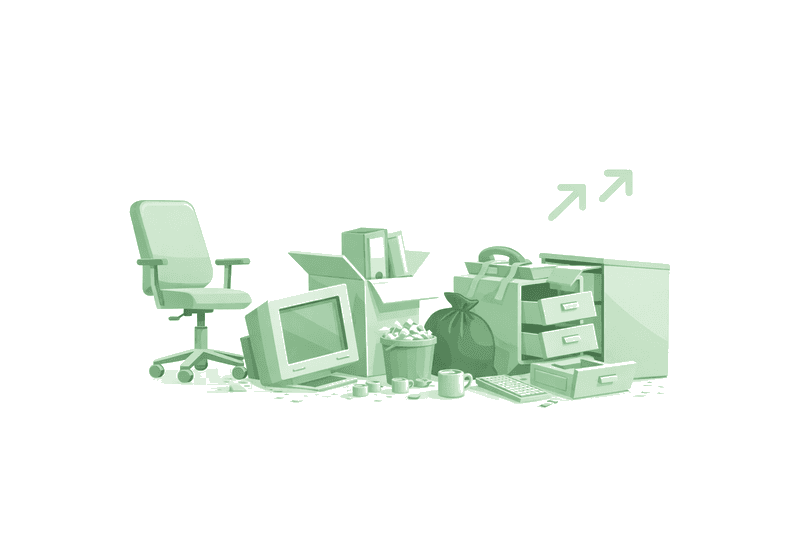 Commercial junk removal illustration showing office furniture, electronics, and equipment