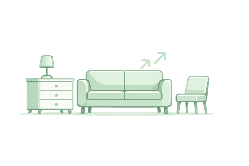Furniture removal illustration showing a couch, dresser, and chair